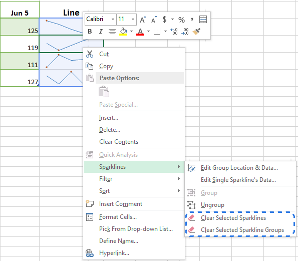 Choose Sparklines -> Clear Selected Sparklines from the right-click menu to remove the chart from the cell