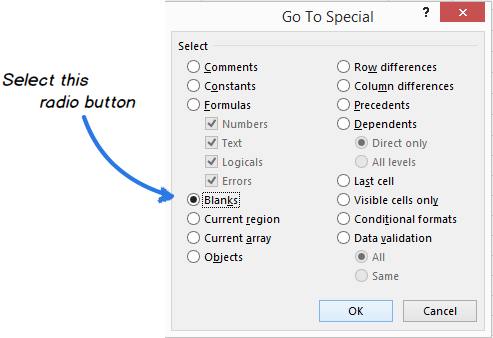 Choose Blanks to get only empty cells selected