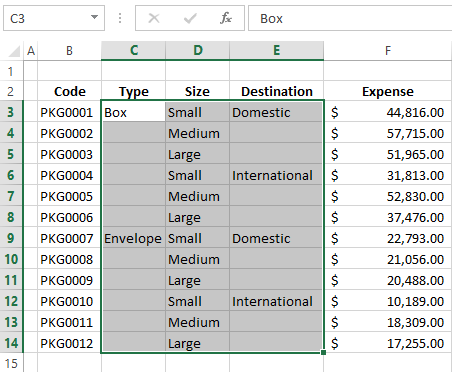 Select the columns or rows where you want to fill in blanks