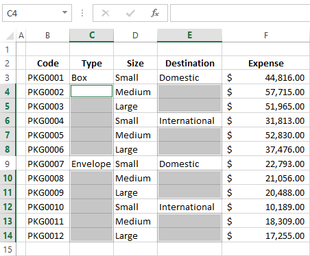 The empty cells become highlighted