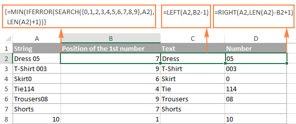 Non-array formula to split text and numbers
