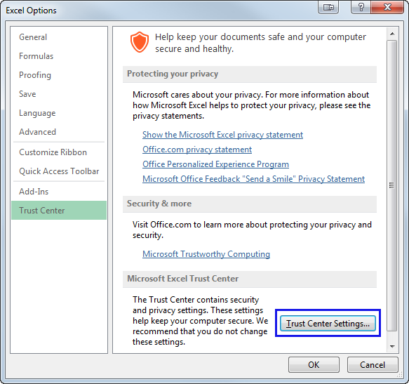 Go to File -> Options -> Trust Center and press the Trust Center Settings ... button