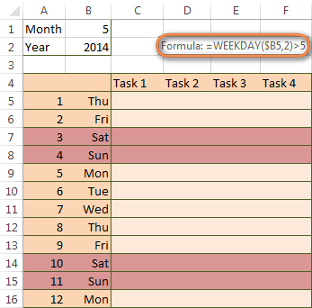 Excel conditional formatting formula to highlight weekends in a vertical orientation calendar.